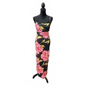 Persaya Black Floral Midi Dress with Pink and Yellow Flowers